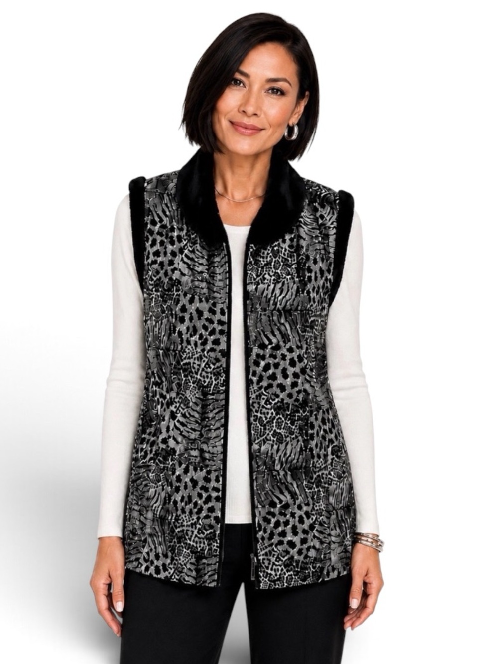 Bob Mackie Leopard Print Vest with faux fur collar and details NWT